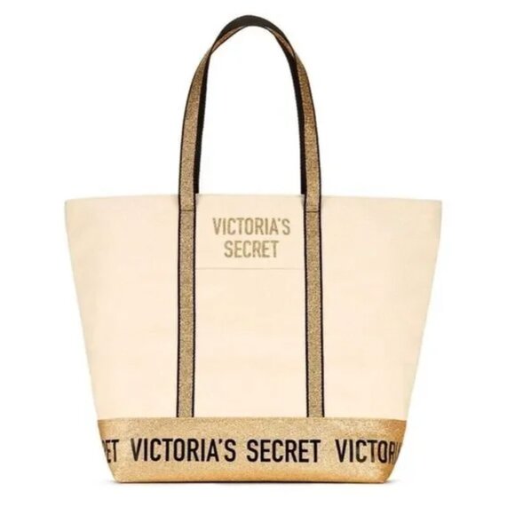 Victoria's Secret Handbags - NWT Victoria's Secret Beige Canvas Zipper Gold Sparkle Glitter Tote Bag  Zip Up‎